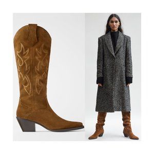 ZARA WOMEN'S BROWN LEATHER SUEDE WESTERN HEELED BOOTS SIZE: US 5 - EU 35 NWT